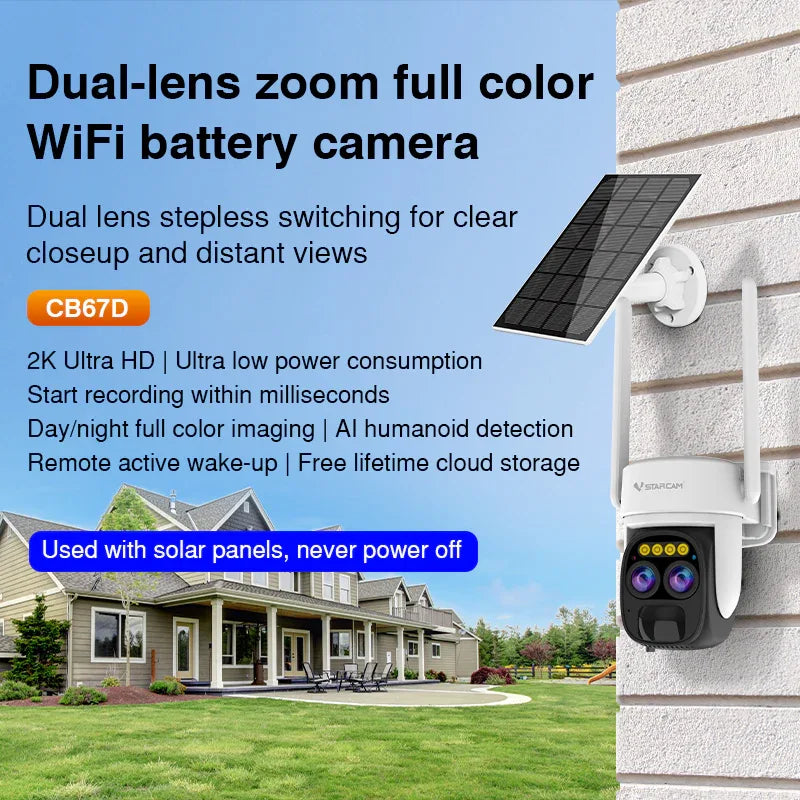CB67D | 2K Solar Battery Camera - 5X Dual Lens Zoom, PIR Detection & PTZ Rotation - Vstarcam